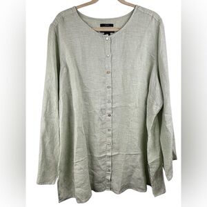 Tahari 100% Linen Women’s Tunic Top Button up Light Green Size 2X Lagenlook Flow